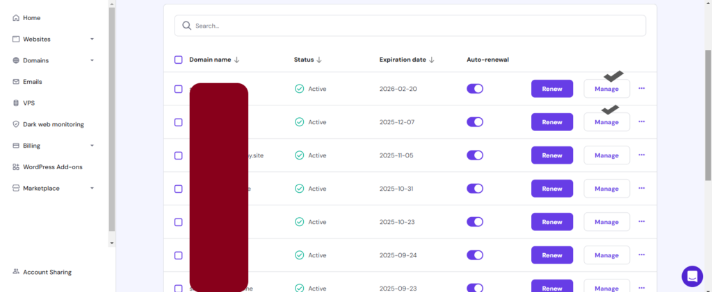 All sections of domain of hostinger